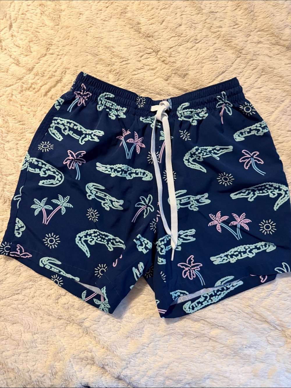 chubbies Navy Swim Trunks with Mint & Pink Crocodile Print